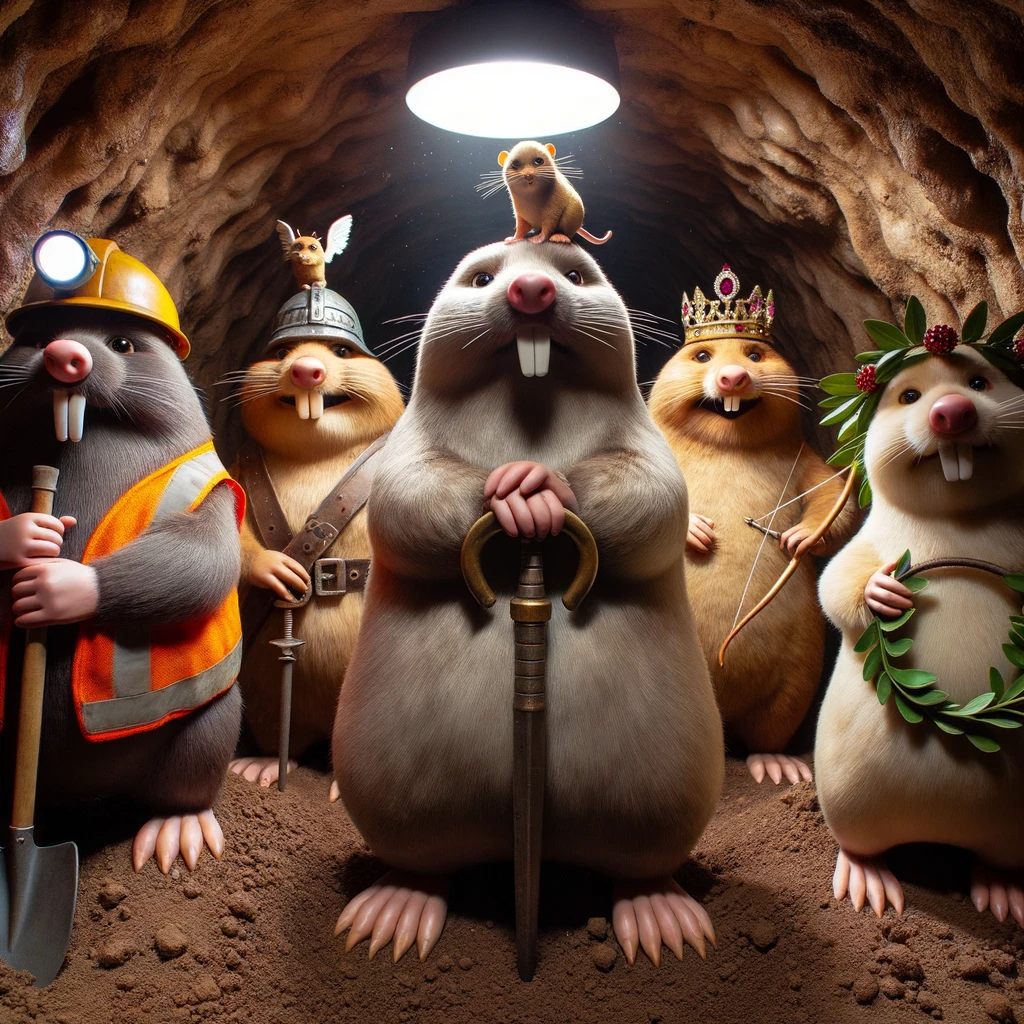 DALL·E 2024-01-10 18.47.21 - Inside a dirt tunnel, lit brightly, five distinct animated mole rats stand. The first, a grumpy mole with a construction helmet, grips a pickaxe. Besi