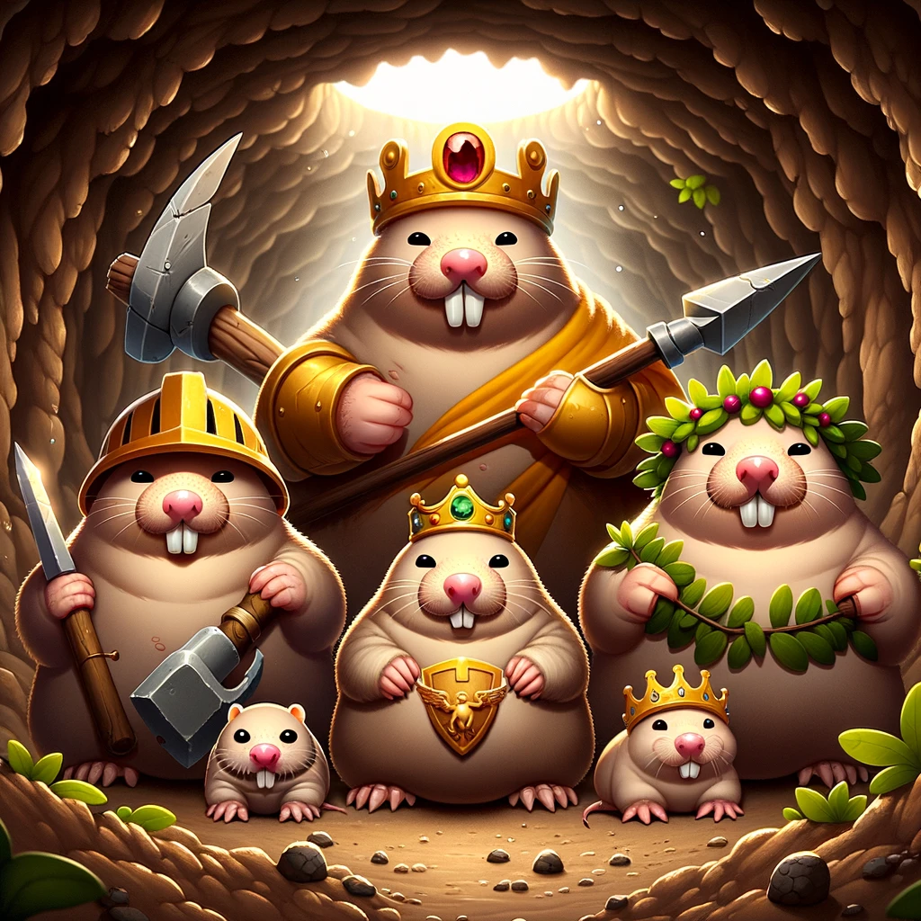 DALL·E 2024-01-10 18.47.26 - Well-lit dirt tunnel scene in animated video game style. Five hairless mole rats are arranged in sequence. The leftmost mole appears grumpy, donning a