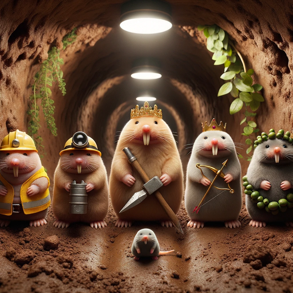 DALL·E 2024-01-10 18.48.44 - Inside a well-lit dirt tunnel inspired by the video game Slime Rancher, five hairless mole rats stand in a straight line, side by side, without any ov