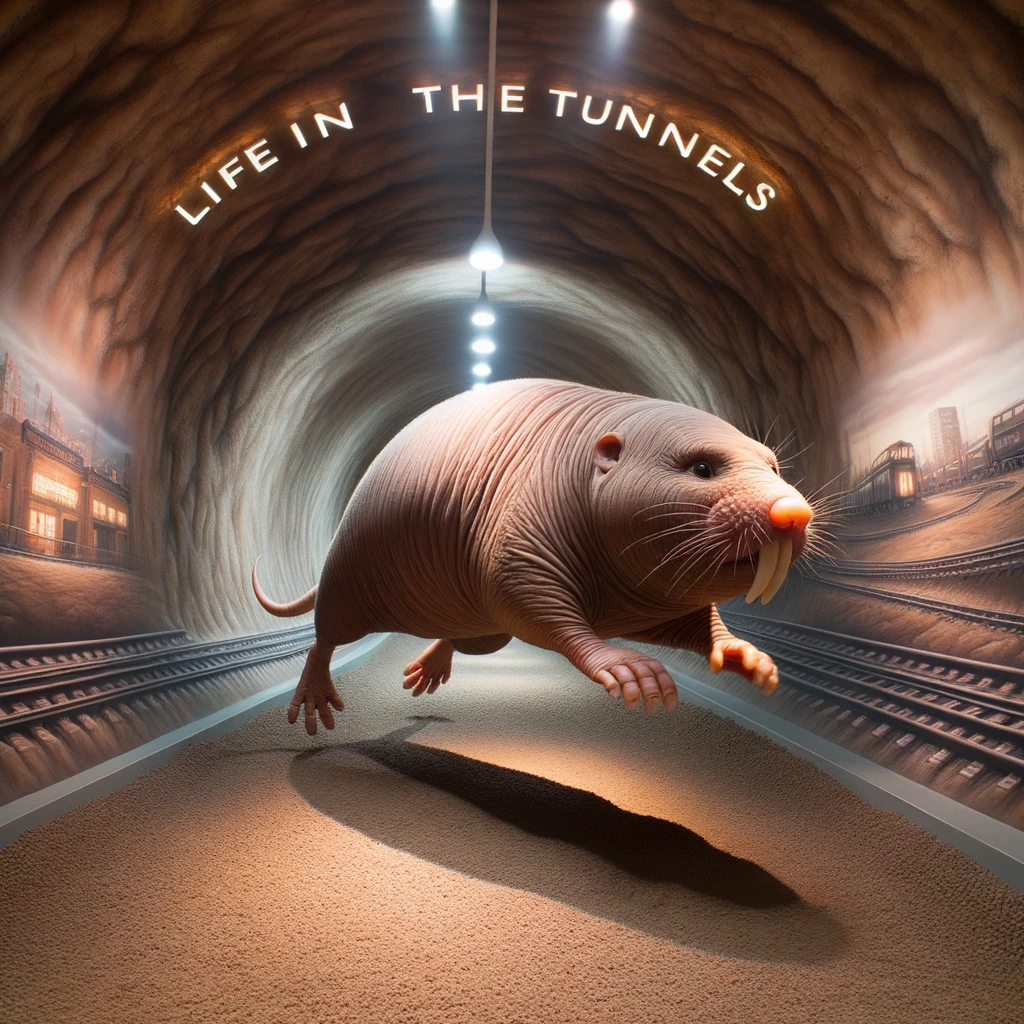 DALL·E 2024-01-10 18.49.07 - Inside a semi-realistic illuminated dirt tunnel with brown walls, a larger-sized hairless mole rat runs energetically on all four legs on a pure dirt