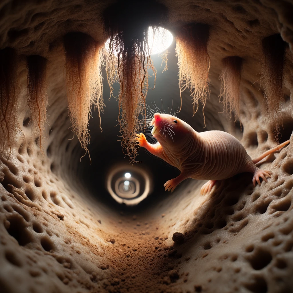 DALL·E 2024-01-10 18.50.44 - Photo of a hairless mole rat navigating its way through the intricate tunnels of its colony. The ambient lighting reveals roots dangling from the tunn