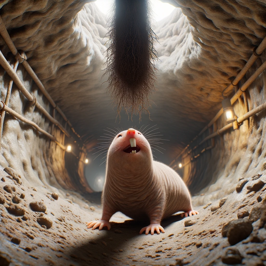 DALL·E 2024-01-10 18.51.00 - Photo from a third person top-down perspective showing a hairless mole rat in a dirt tunnel of its colony system. The mole rat looks up with excitemen