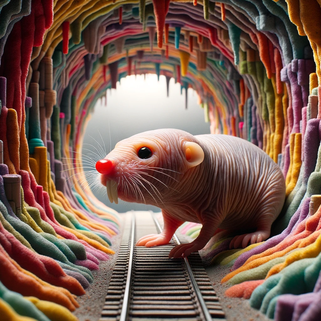 DALL·E 2024-01-10 18.51.28 - Photo depiction of a hairless mole rat navigating through tunnels that echo the aesthetic of 'Pettson och Findus_ i Mucklornas Värld'. The mole rat se