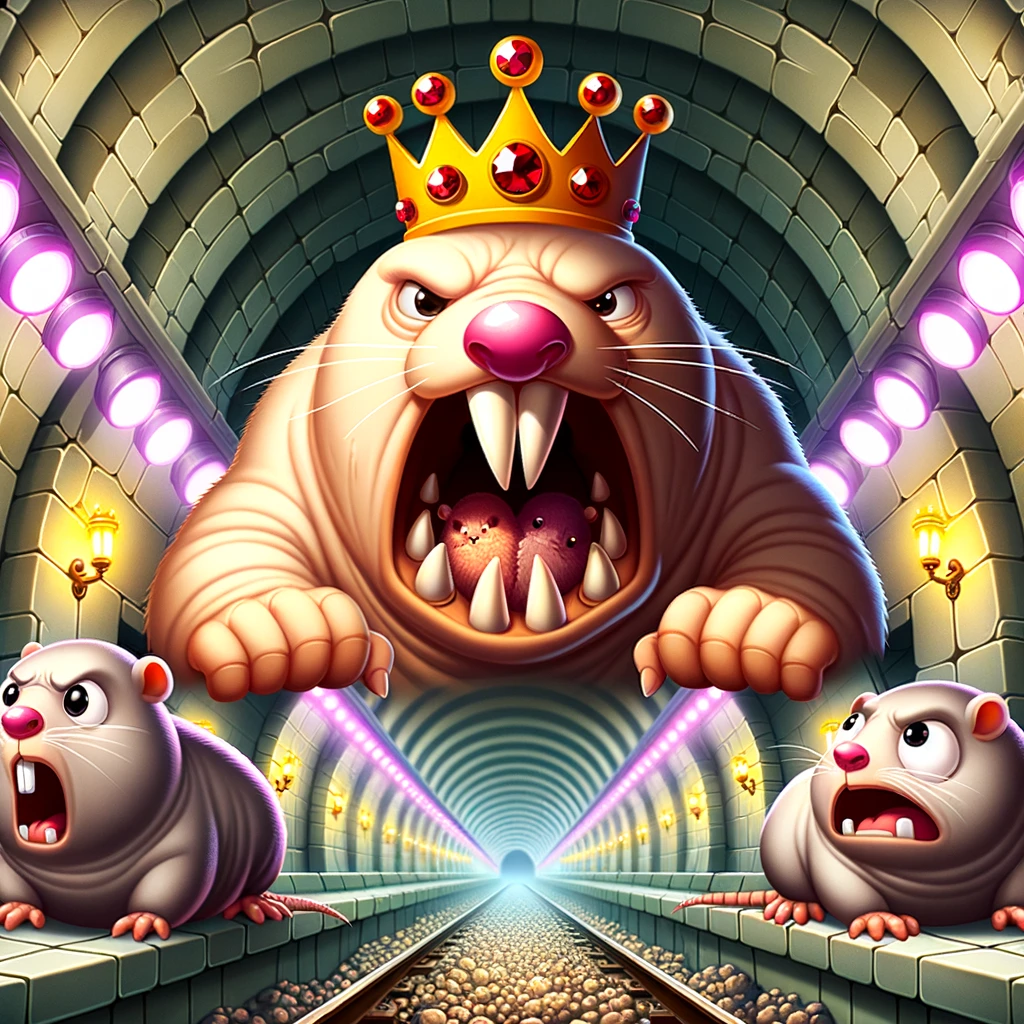 DALL·E 2024-01-10 18.52.35 - Animated game artwork showing a brightly lit underground tunnel. A massive hairless mole rat adorned with a crown rests on the left, yelling fiercely