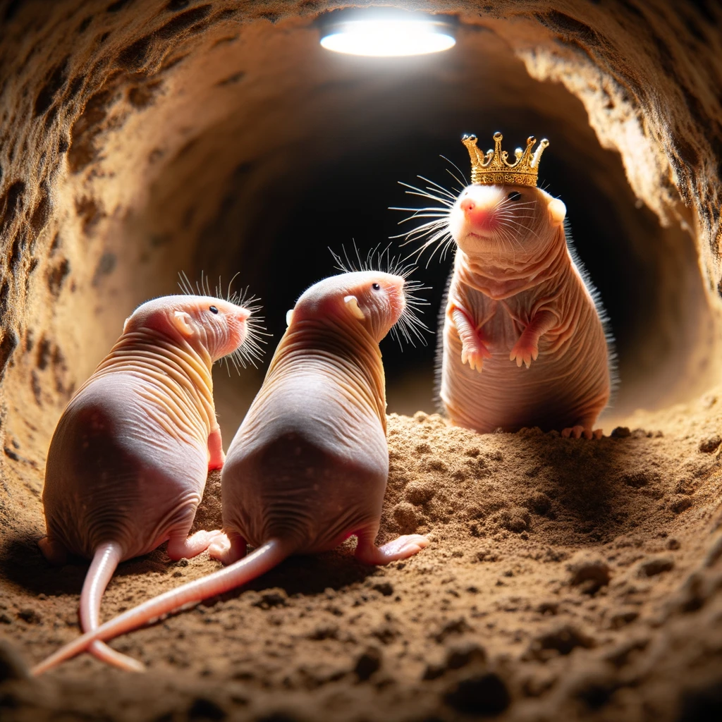 DALL·E 2024-01-10 18.58.24 - Photo of two hairless mole rats standing in a well-lit dirt tunnel, their backs facing us. They are gazing forward at a larger hairless mole rat weari