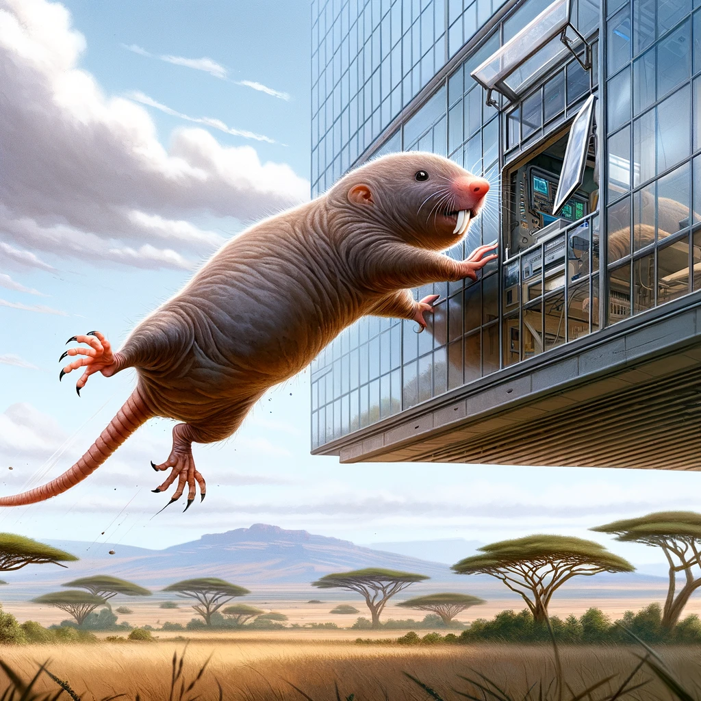 DALL·E 2024-01-10 19.03.36 - A semi-realistic digital illustration with an adjusted perspective_ viewed from the outside of the building, looking up at a naked mole rat escaping t