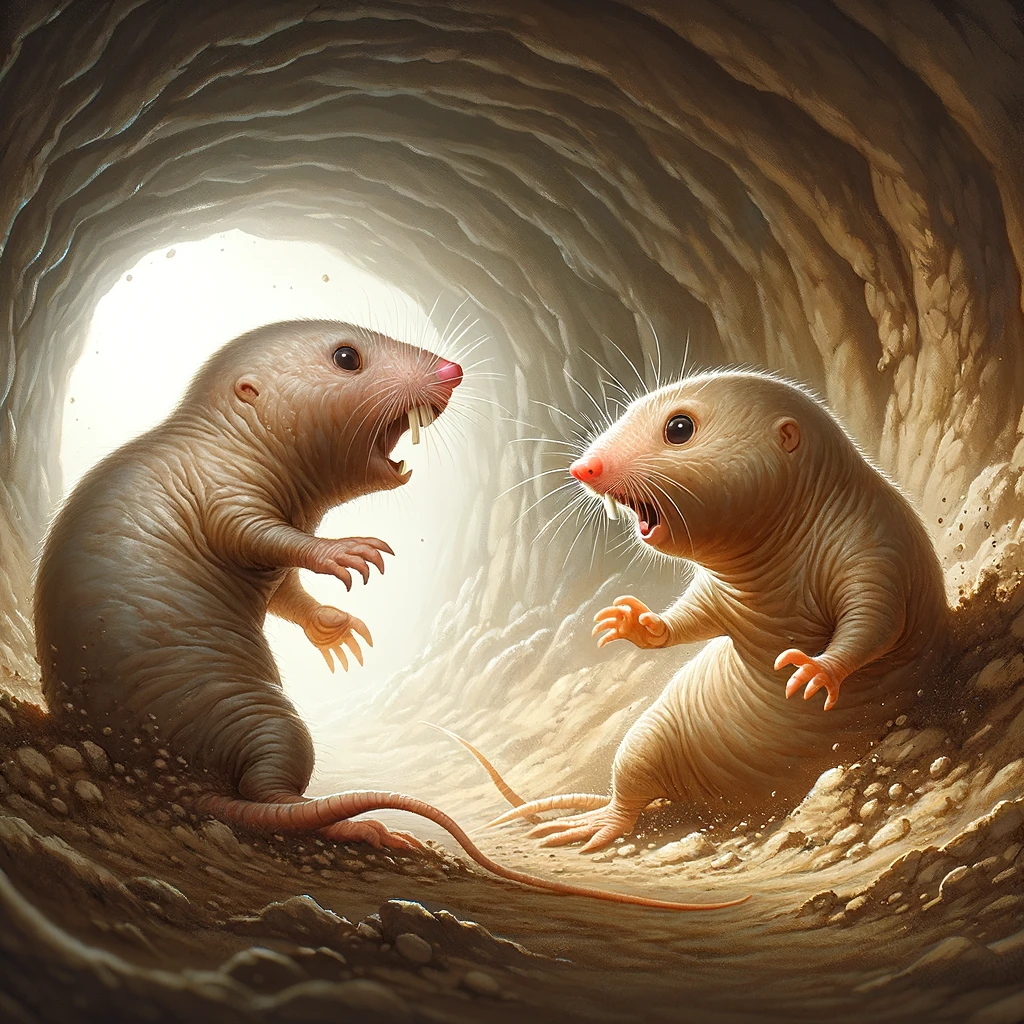 DALL·E 2024-01-10 19.03.43 - A semi-realistic digital illustration in the same style as previous images, depicting one naked mole rat in a dirt tunnel accidentally bumping into an