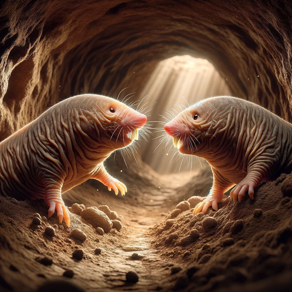 DALL·E 2024-01-10 19.03.56 - Create an image in the same semi-realistic style as the provided photo, depicting two naked mole rats (Heterocephalus glaber) bumping into each other