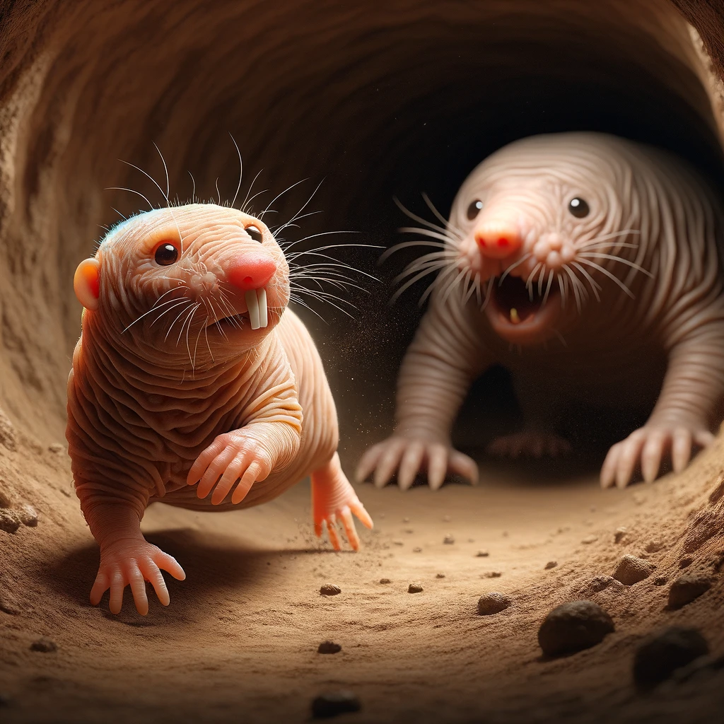 DALL·E 2024-01-10 19.04.05 - Create an image in a semi-realistic style, showing one naked mole rat running into a dirt tunnel and encountering another mole rat. The mole rats shou