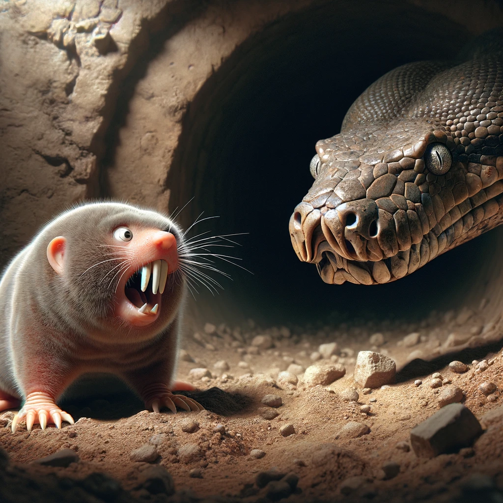 DALL·E 2024-01-10 19.04.08 - Create a semi-realistic image of a surprised and scared naked mole rat meeting a hungry and sneaky African rock python. The setting is an underground