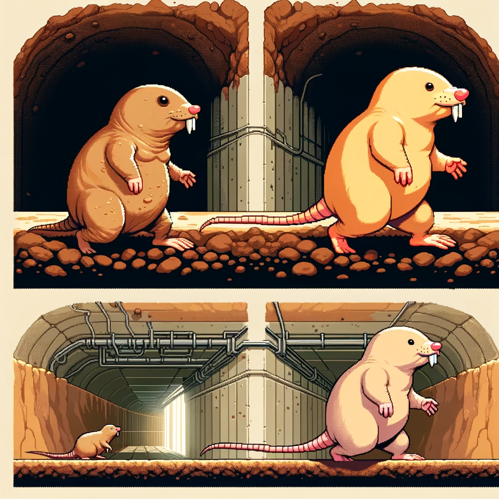 DALL·E 2024-01-10 19.13.35 - Create two digital art illustrations of a naked mole rat character from a video game, ensuring a standardized style across both images. The first imag