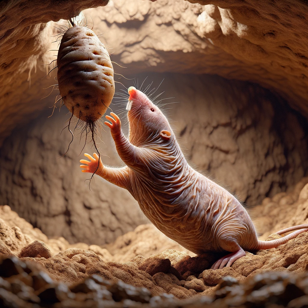 DALL·E 2024-01-10 19.14.22 - A hyper-realistic image of a naked mole rat (Heterocephalus glaber) reaching for a large tuber hanging from the ceiling of a dirt tunnel. The mole rat