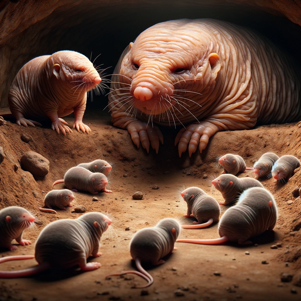 DALL·E 2024-01-10 19.14.28 - A hyper-realistic image of a scene with one naked mole rat (Heterocephalus glaber) meeting a slightly larger naked mole rat, both of comparable size,