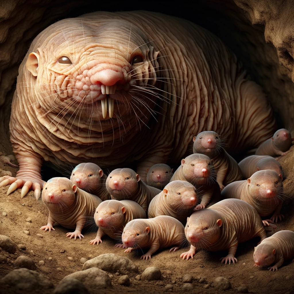 DALL·E 2024-01-10 19.14.36 - A hyper-realistic image of a naked mole rat scene, featuring a queen (the larger and more pronounced adult), a second adult naked mole rat, and eight