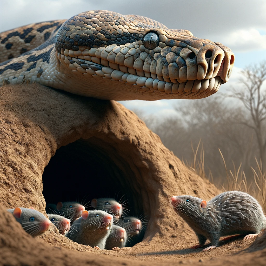 DALL·E 2024-01-10 19.14.44 - A semi-realistic depiction of an African rock python, with its distinctive patterned scales, sticking its head into the entrance of a naked mole rat c