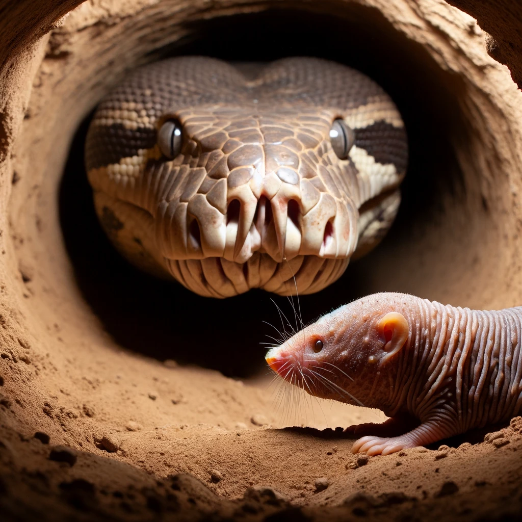 DALL·E 2024-01-10 19.14.47 - A view from inside the tunnels of a naked mole rat colony, showing a hairless, truncated-faced naked mole rat observing an African rock python's head