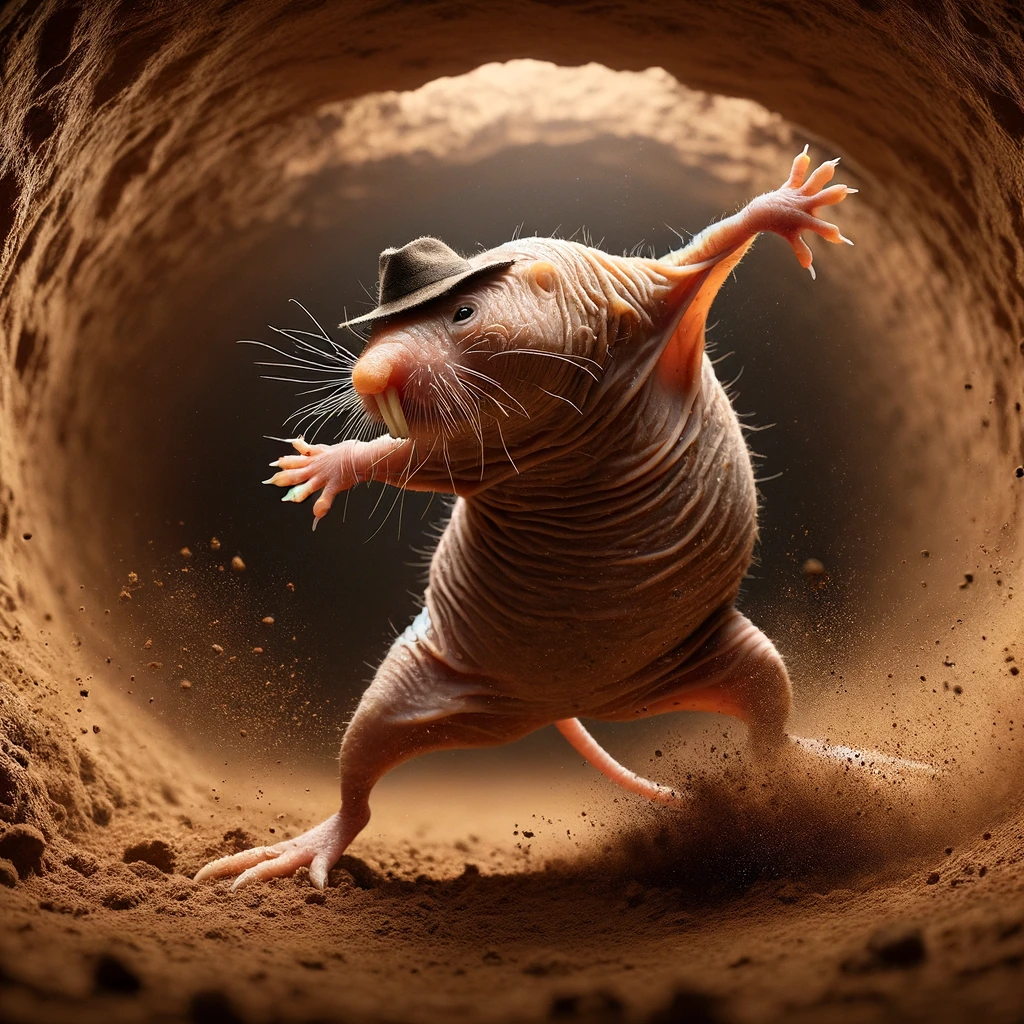 DALL·E 2024-01-10 19.15.48 - A hyper-realistic image of a hairless mole rat (Heterocephalus glaber) in a dirt tunnel, striking a pose reminiscent of a famous dance move, with one