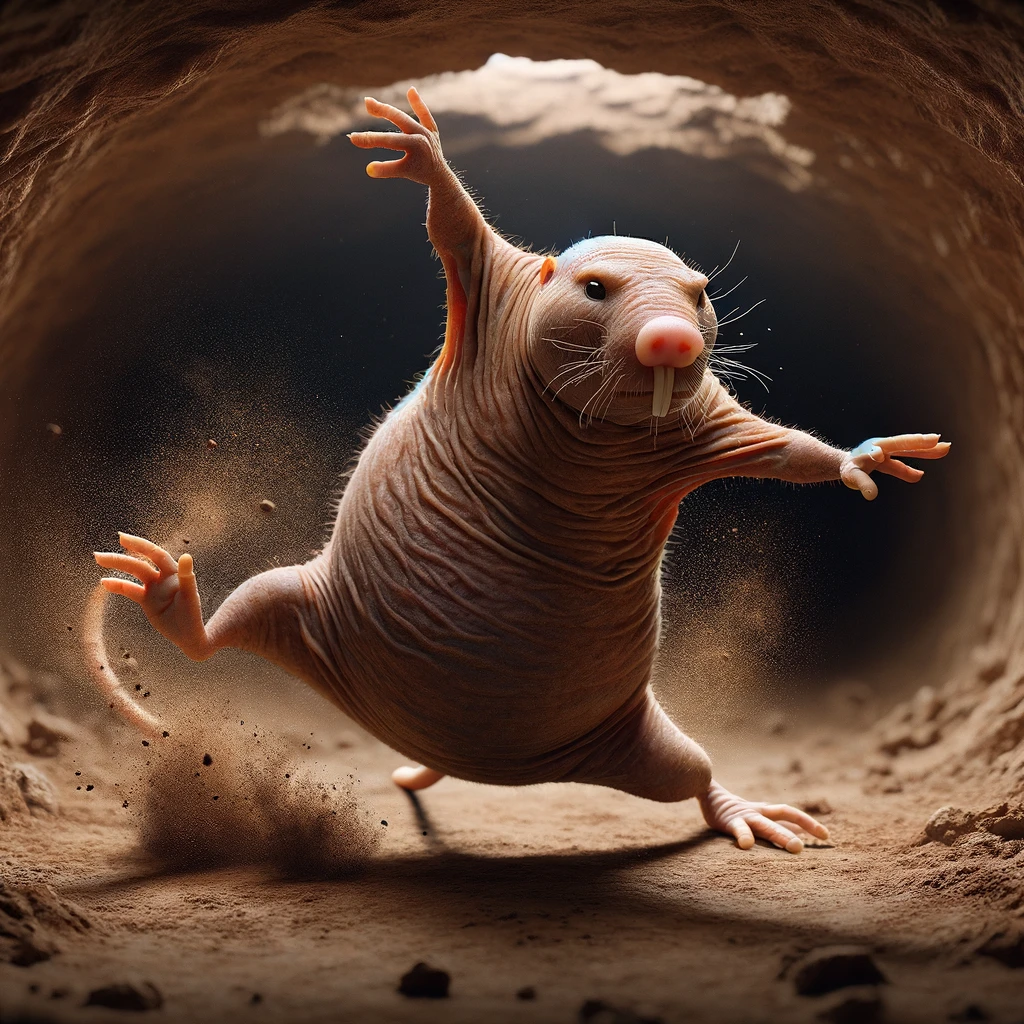 DALL·E 2024-01-10 19.15.51 - A hyper-realistic image of a hairless mole rat (Heterocephalus glaber) in a dirt tunnel, striking a dynamic pose reminiscent of a famous dance move. T