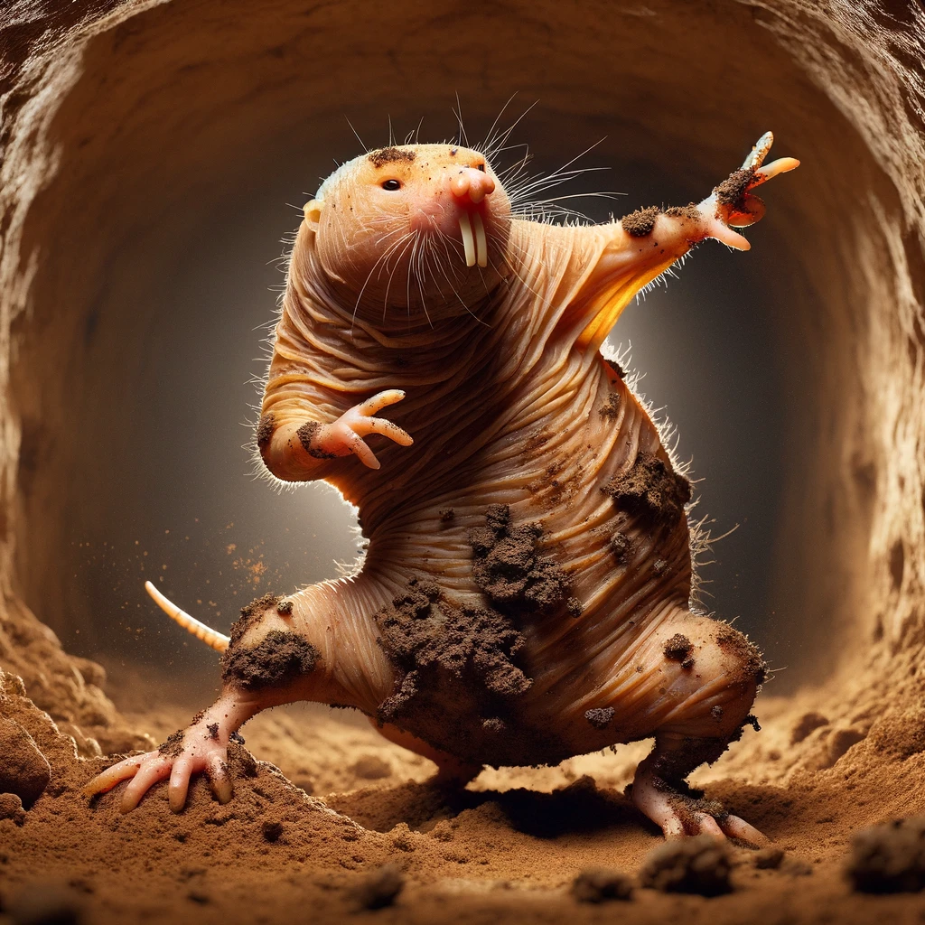 DALL·E 2024-01-10 19.15.54 - A hyper-realistic image of a hairless mole rat (Heterocephalus glaber) in a dirt tunnel, striking a dynamic pose reminiscent of a famous dance move. T