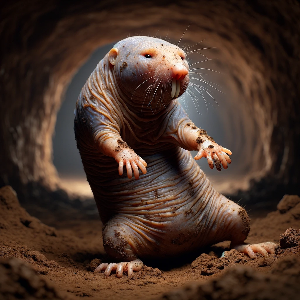 DALL·E 2024-01-10 19.15.57 - A hyper-realistic image of a hairless mole rat (Heterocephalus glaber) in a dirt tunnel, adopting a less dynamic pose reminiscent of a famous dance mo