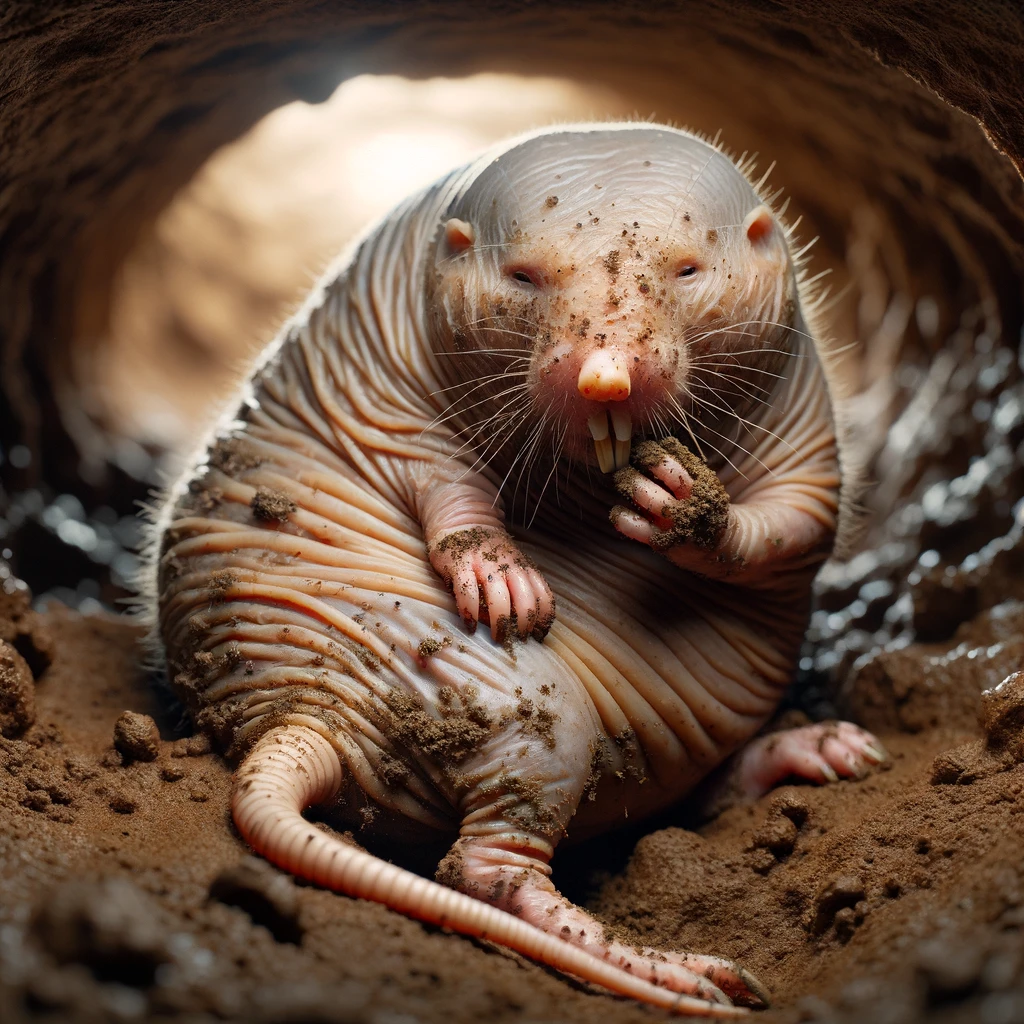 DALL·E 2024-01-10 19.16.00 - A hyper-realistic image of a hairless mole rat (Heterocephalus glaber) in a dirt tunnel, in a relaxed pose with one hand gently rubbing dirt onto its