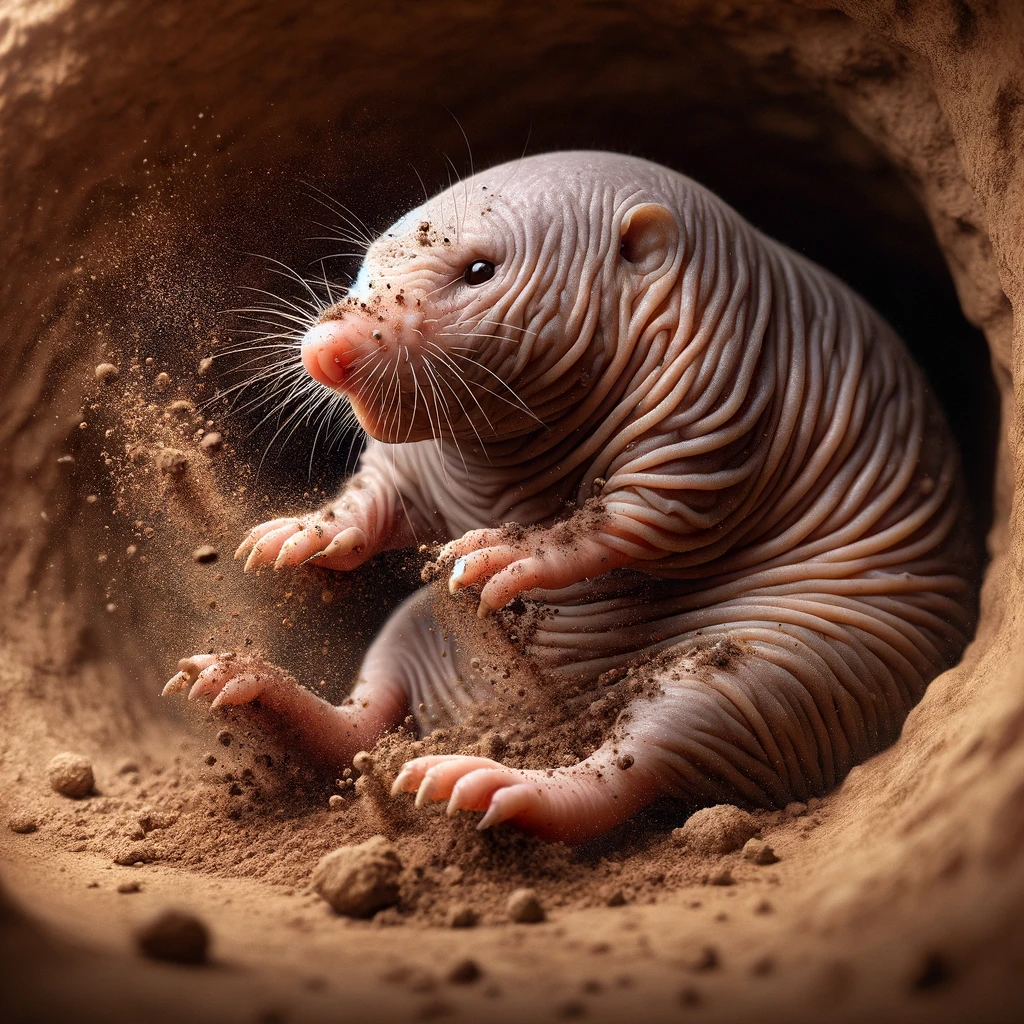 DALL·E 2024-01-10 19.16.12 - A semi-realistic image of a hairless mole rat (Heterocephalus Glaber) in a dirt tunnel. The mole rat is shown with its front hands on its belly, rubbi