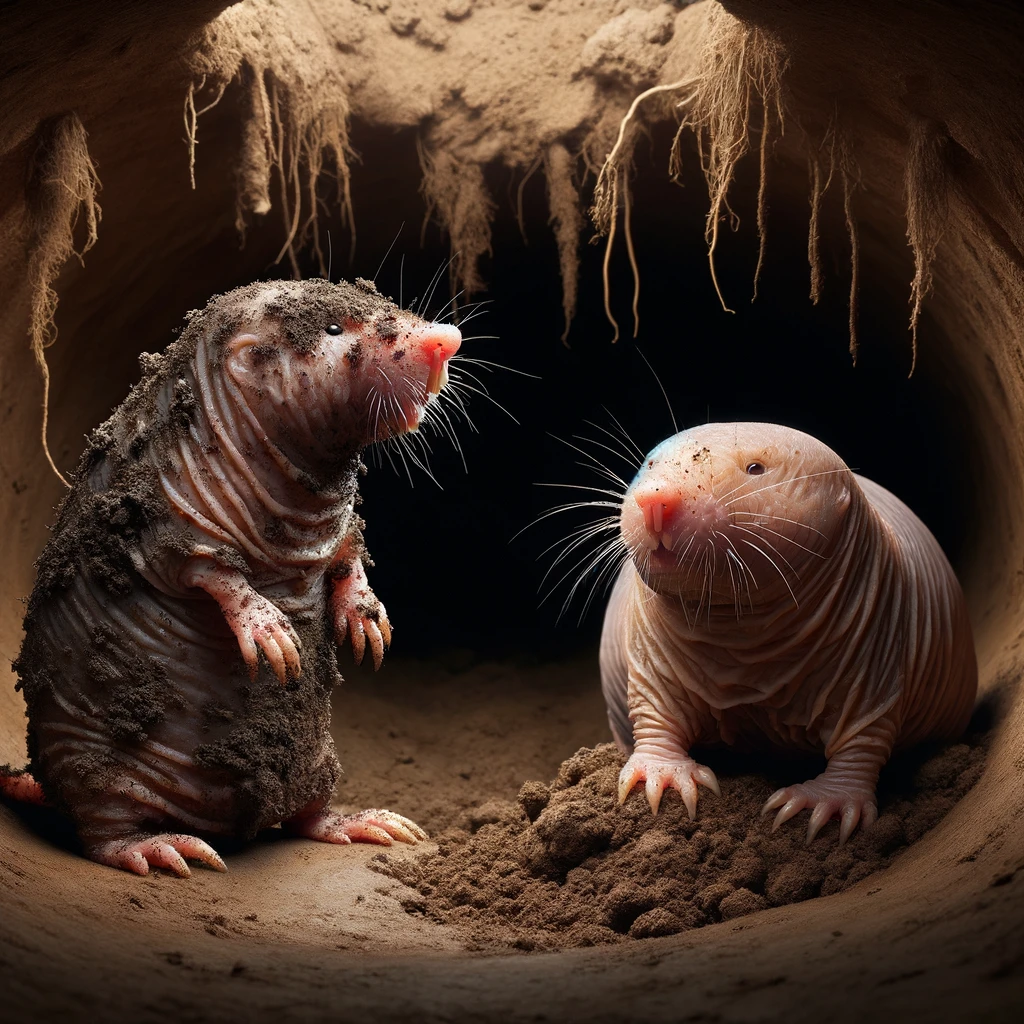 DALL·E 2024-01-10 19.16.50 - Two hairless mole rats in a dirt tunnel_ one standing on its hind legs covered in dirt, and the other standing next to it, perfectly clean with no dir