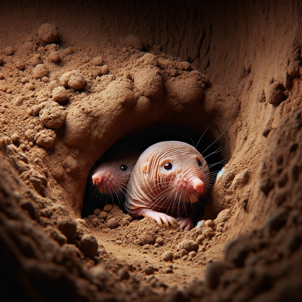 DALL·E 2024-01-10 19.17.00 - Two hairless mole rats in a dirt tunnel, expertly hidden behind a corner, completely out of sight from their colony. The environment is a series of tw